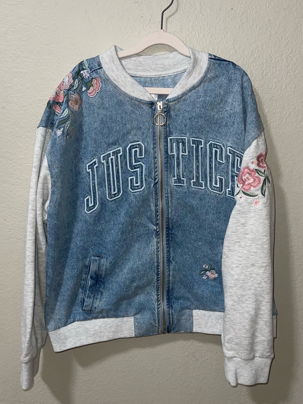 Justice Denim Bomber Jacket with Floral Embroidery - Blue & Light Gray